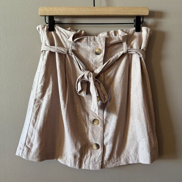 Women's 8 TopShop Light Rose Linen Blend Button Paperbag Mini Skirt - Picture 2 of 6